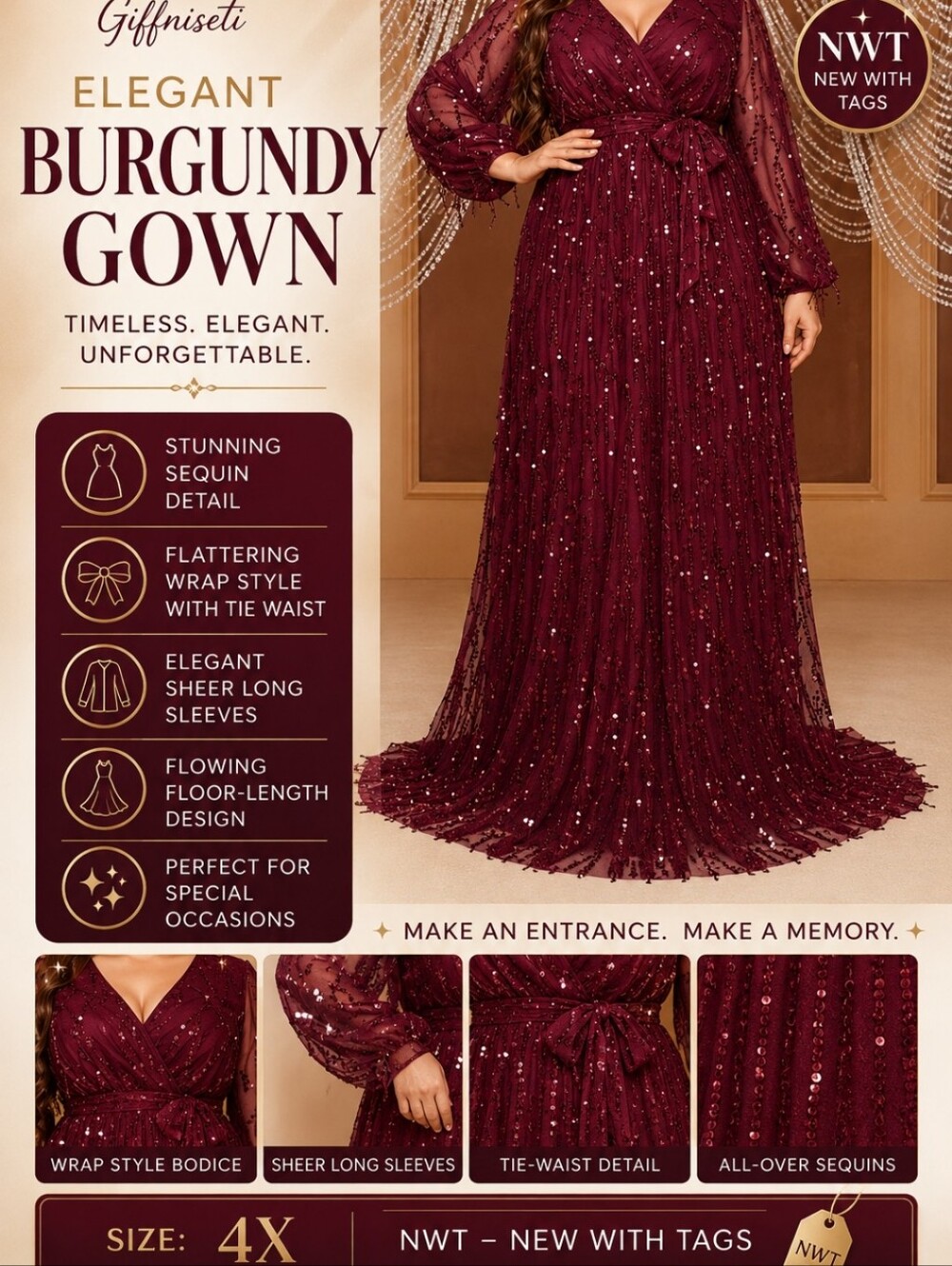 Elegant Long Sleeve Burgundy Gown
